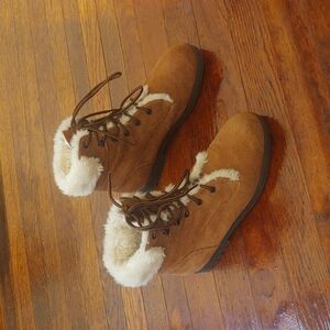 Amanda Smith Brown Leather/Suede Combat Boots with Faux Fur Trim Sz 6